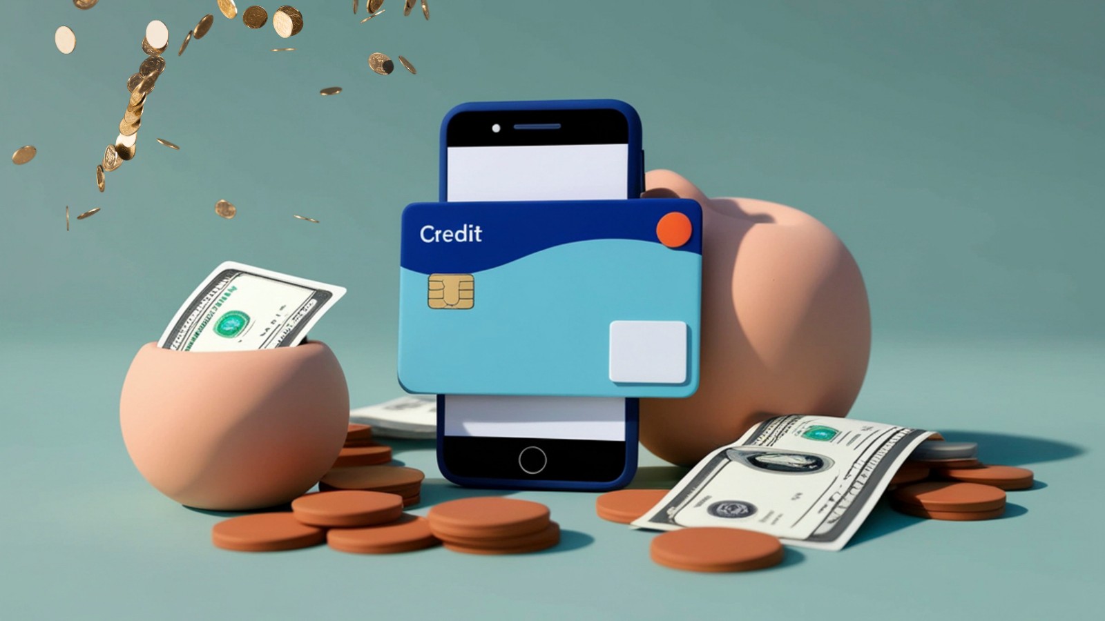 Image showing a smartphone, piggybank, coins and banknotes