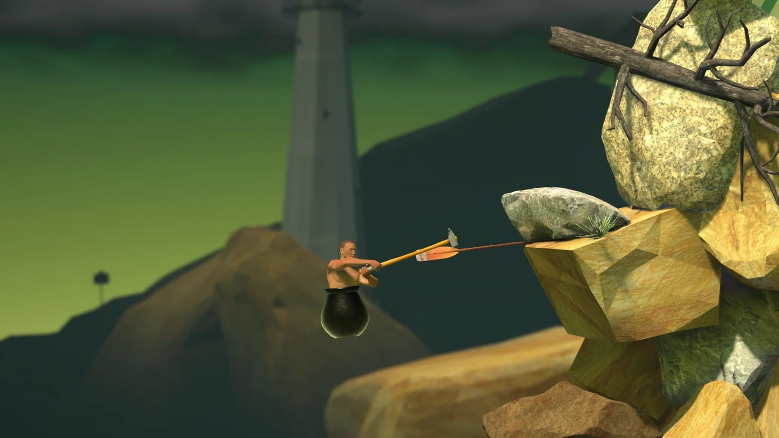 Man in a cauldron using a sledgehammer to climb rocky obstacles in Getting Over It.