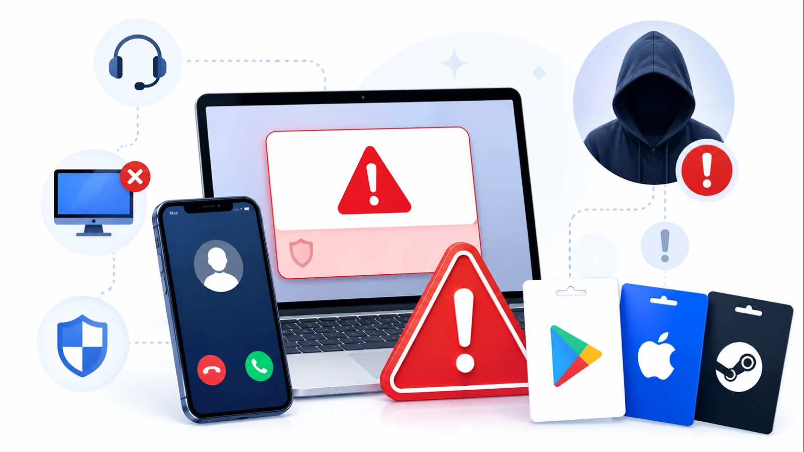 Gift cards, a phone, a laptop, a warning symbol
