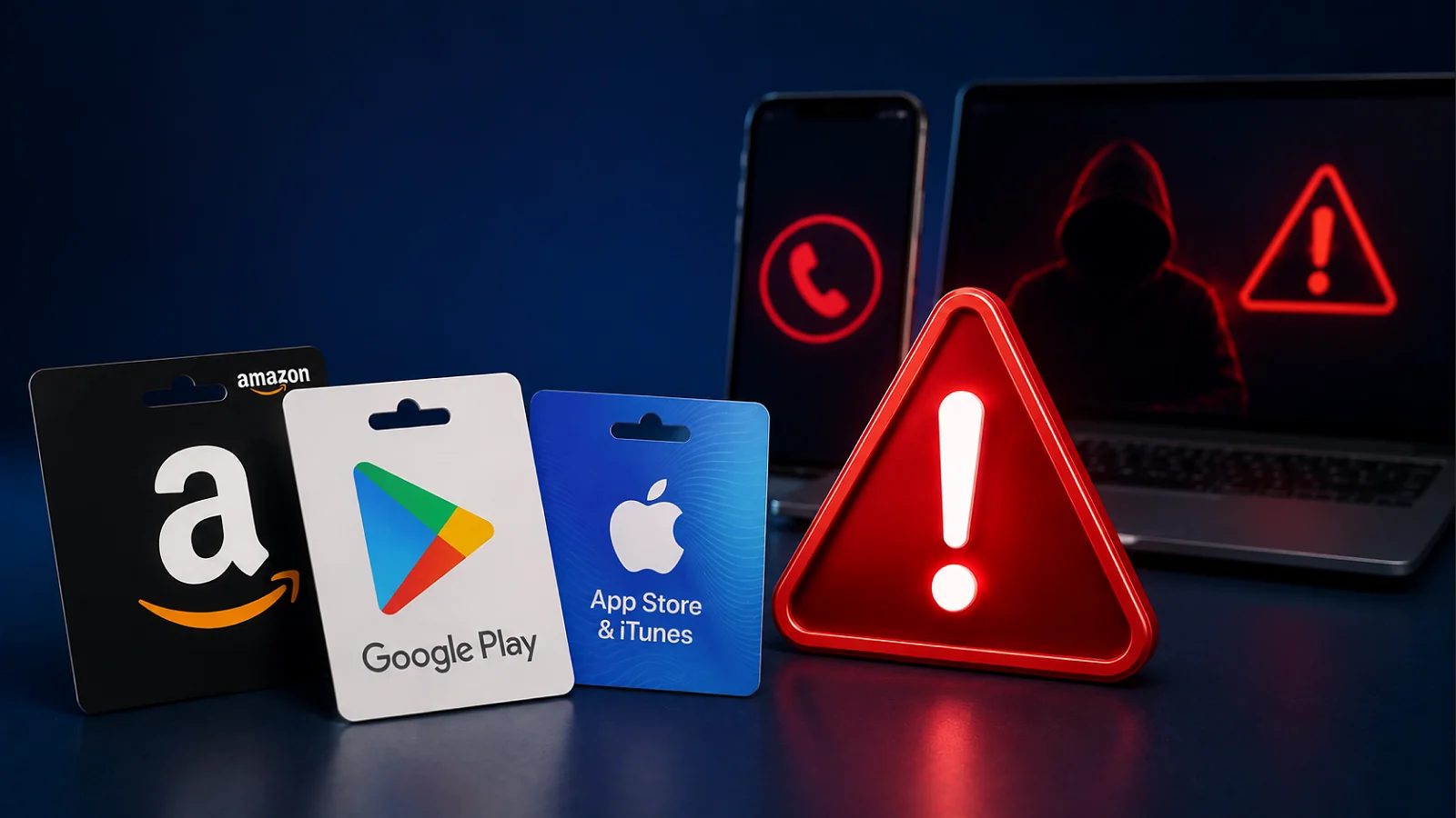 gift cards, phone and a warning symbol