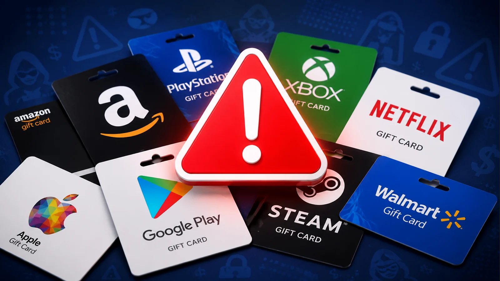 gift cards with a warning symbol