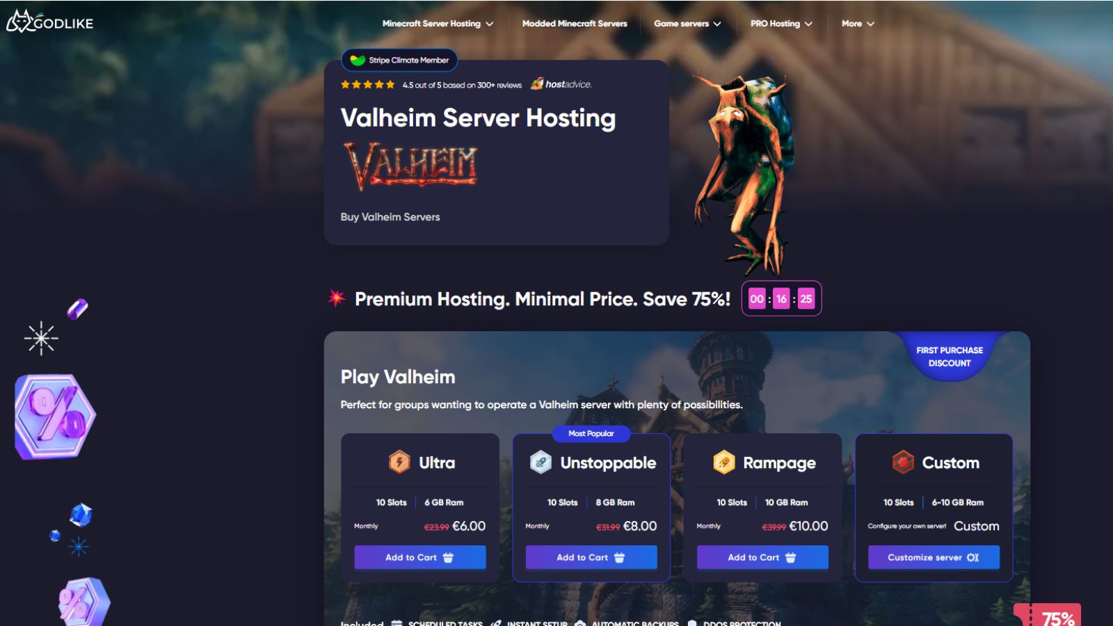 Godlike.Host - Valheim server hosting with custom control panel, mod support, backups, and DDoS protection