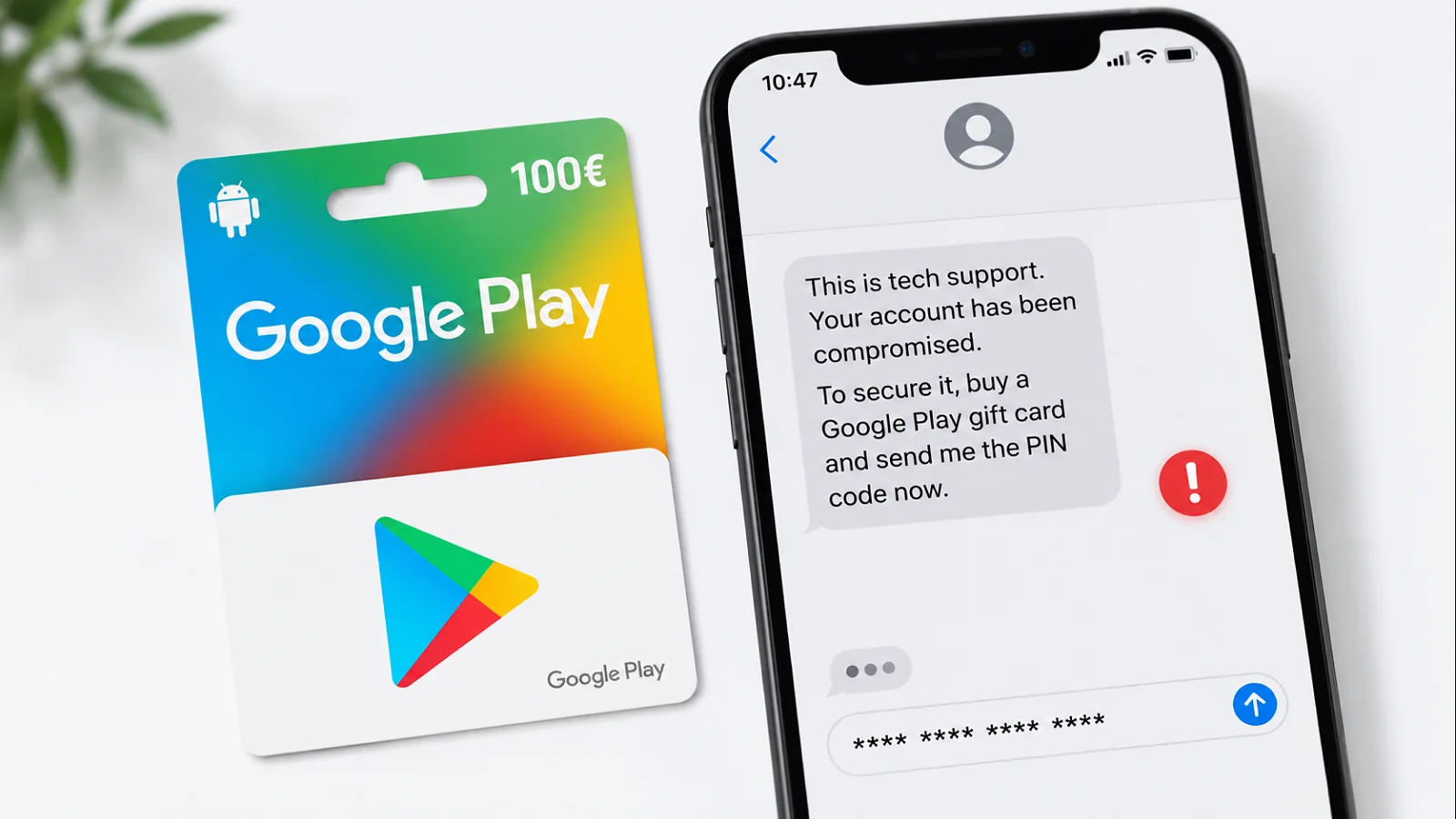 google play gift card next to the phone with a scam message