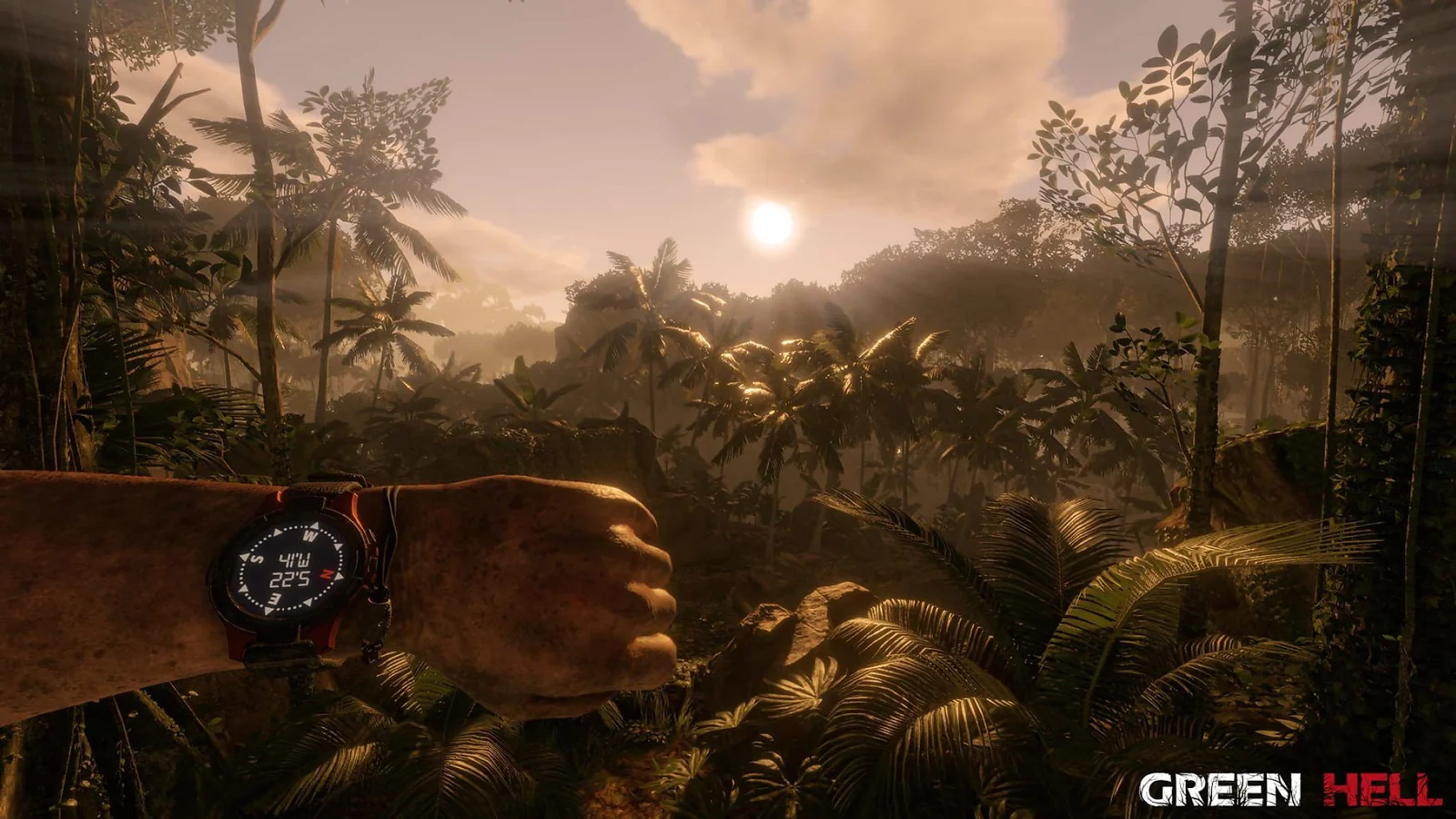 A player checks a digital watch while overlooking a tropical jungle at sunset in Green Hell. t