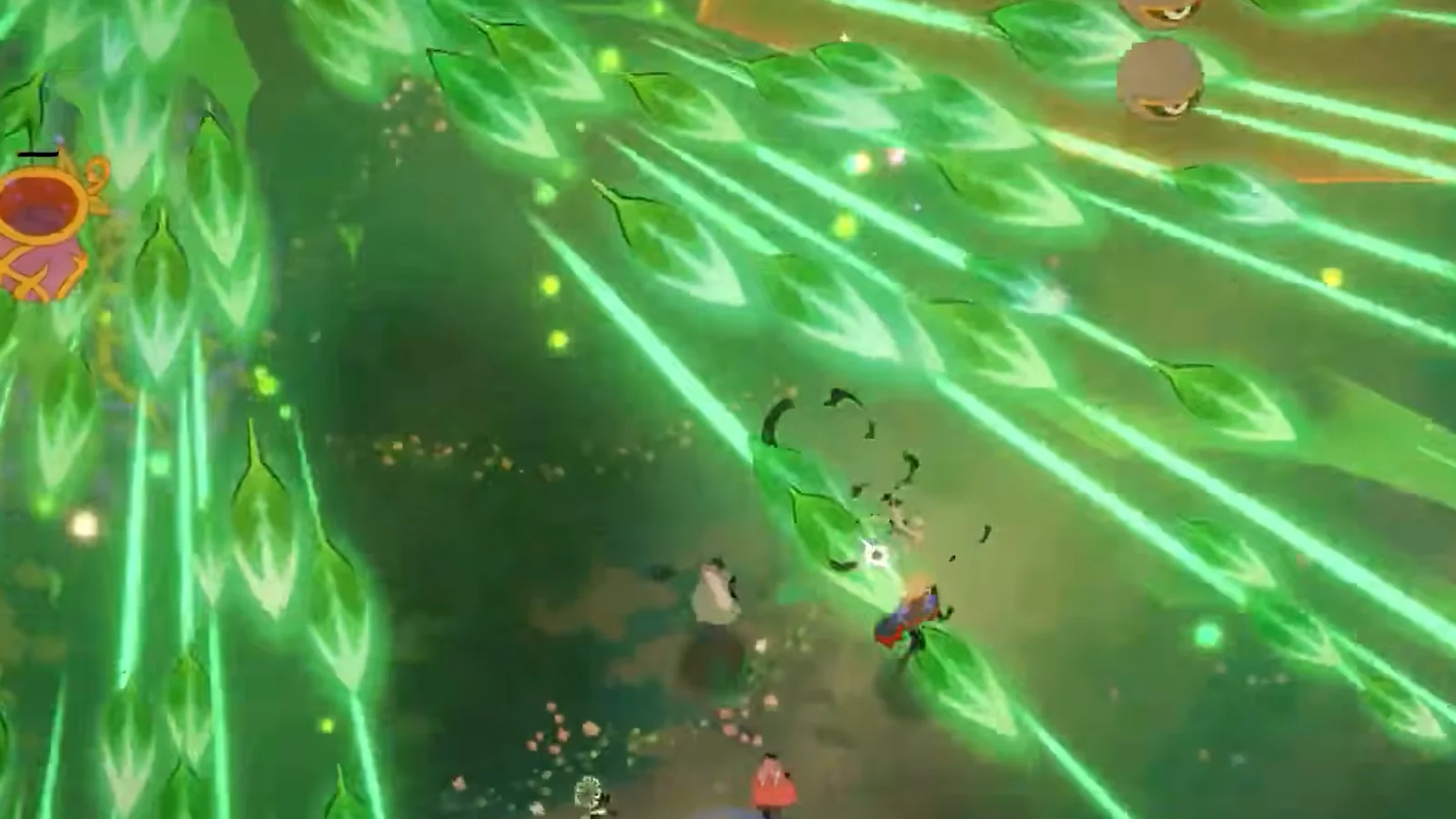 Players dodging a barrage of green projectiles in 33 Immortals