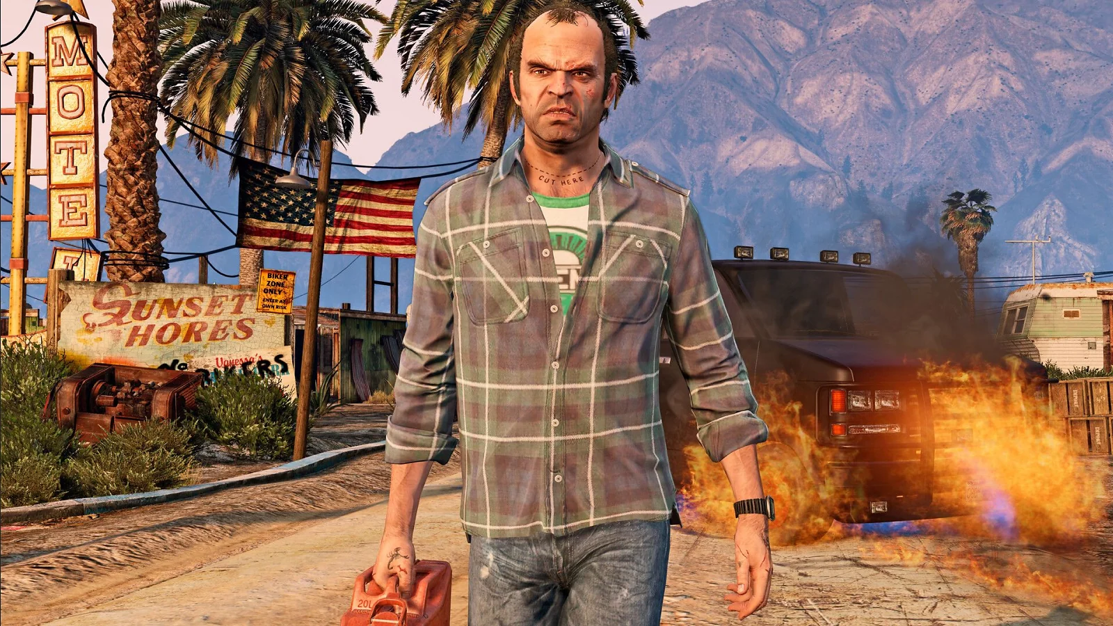 Trevor walking away from a burning car