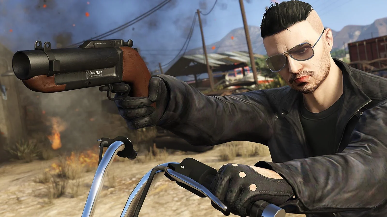 Player riding a motorcycle and aiming a weapon during an action scene in GTA Online.