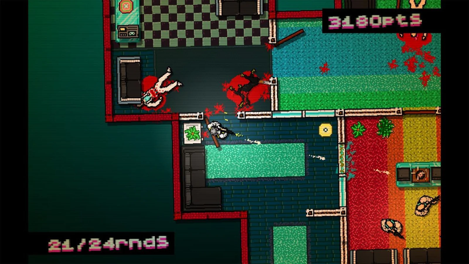 Top-down combat scene inside a building in Hotline Miami.