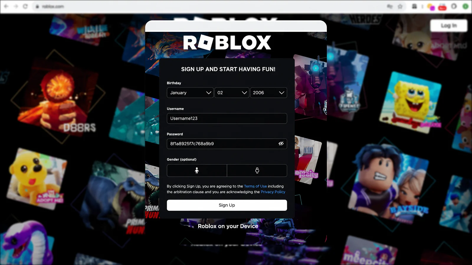 Robux - Roblox website registration page