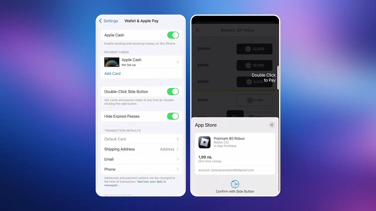 Robux - Screenshots showing how to buy Robux using Apple Pay