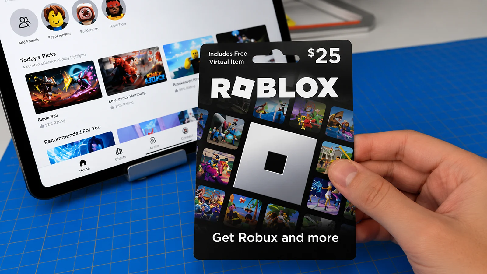 Robux - A $25 Roblox gift card displayed in front of the Roblox website