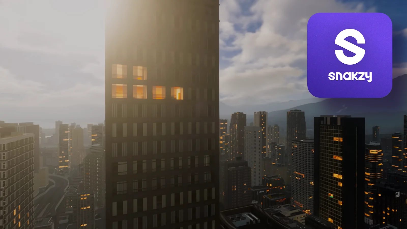 Jugabilidad: vista de la ciudad y logotipo de Snakzy