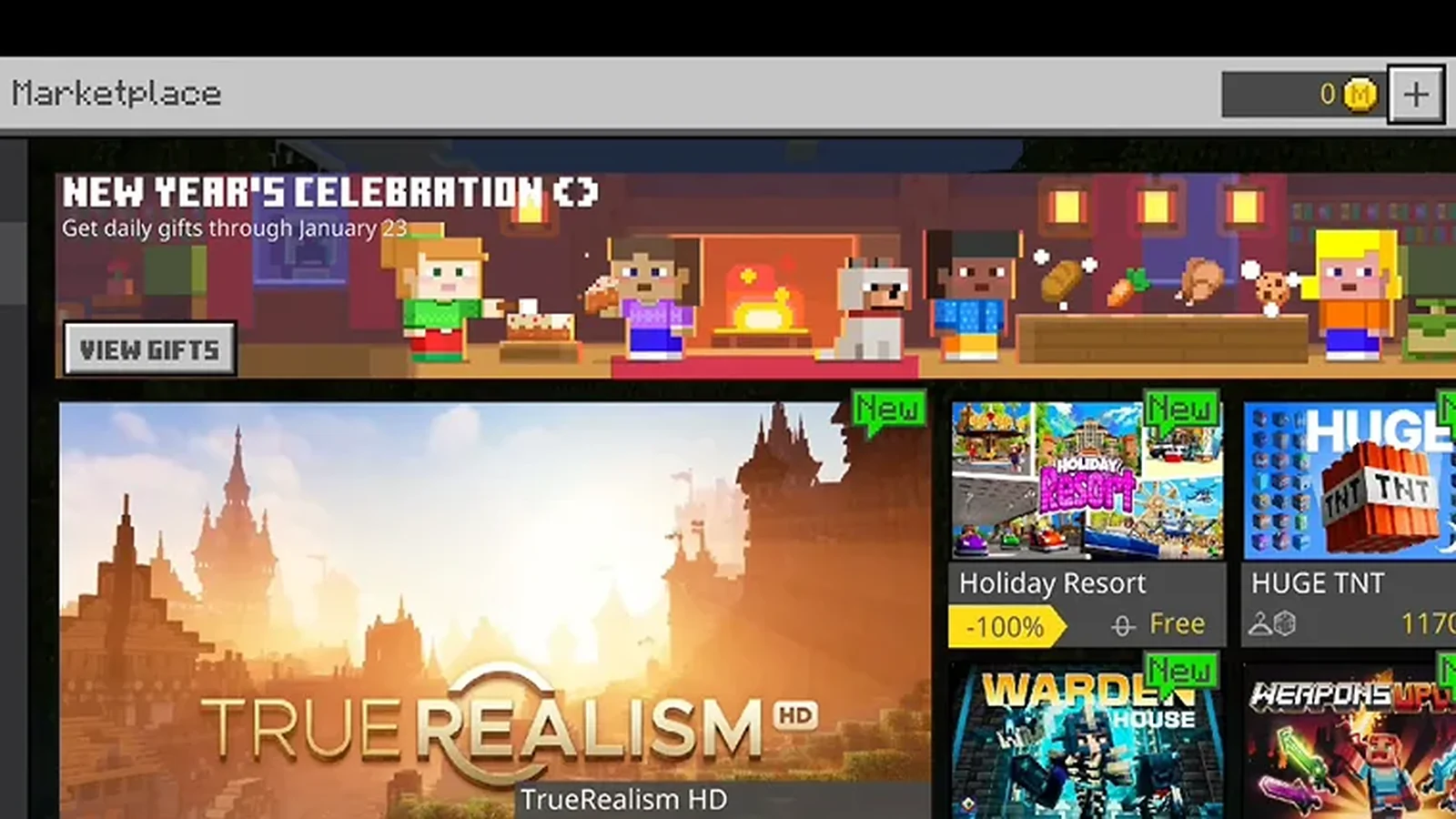 Ecrã do Minecraft Marketplace a mostrar os mundos, skins e pacotes de conteúdo disponíveis