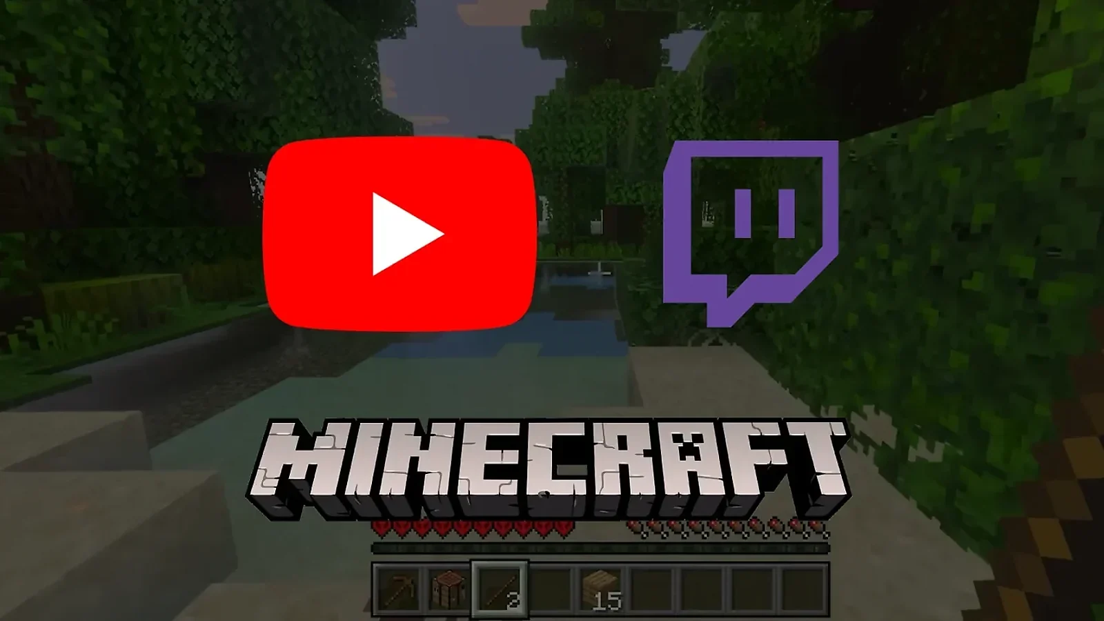 Jogo do Minecraft em segundo plano — logótipos do YouTube, do Twitch e do Minecraft em primeiro plano