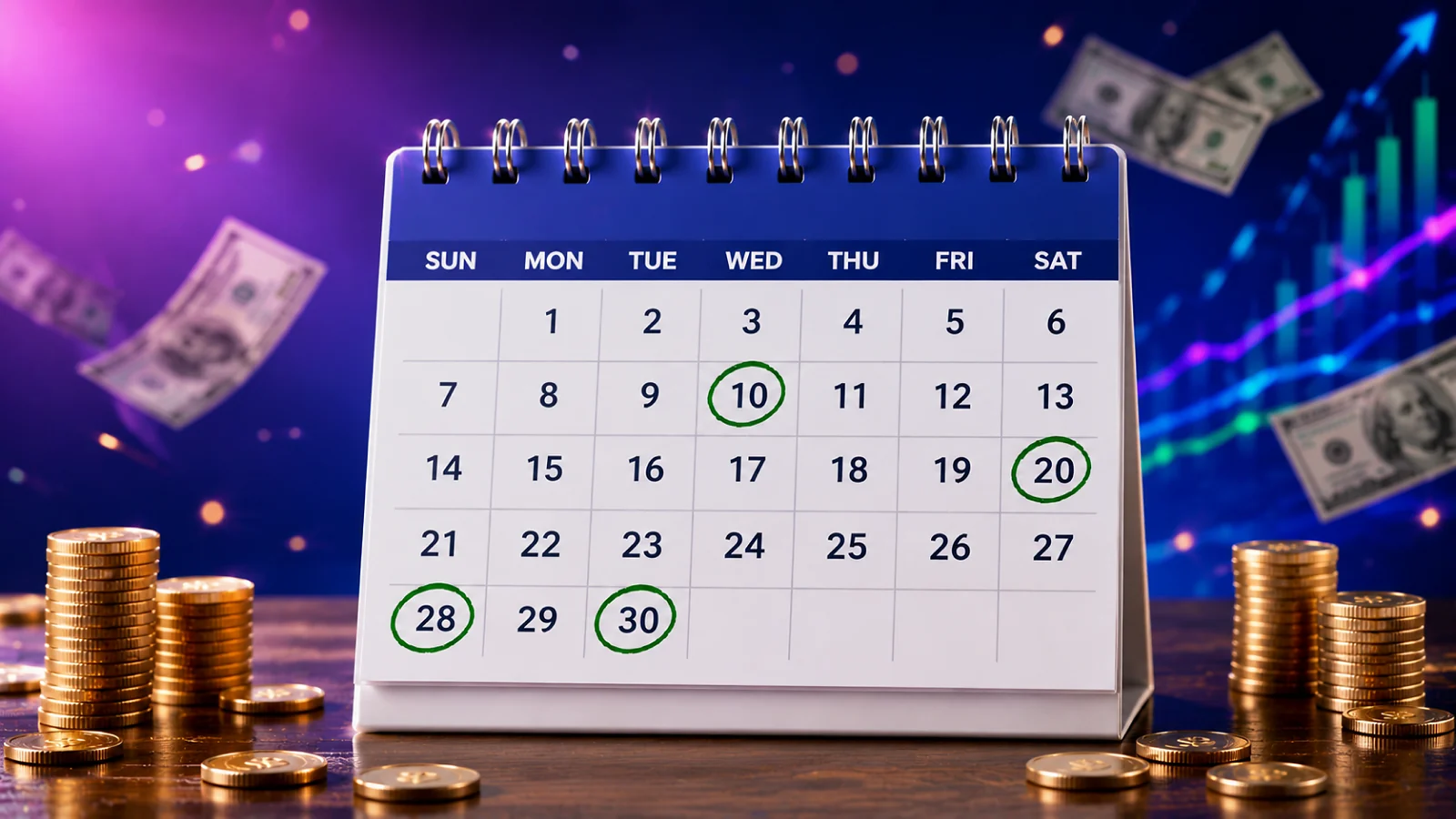 calendar page surrounded by cash