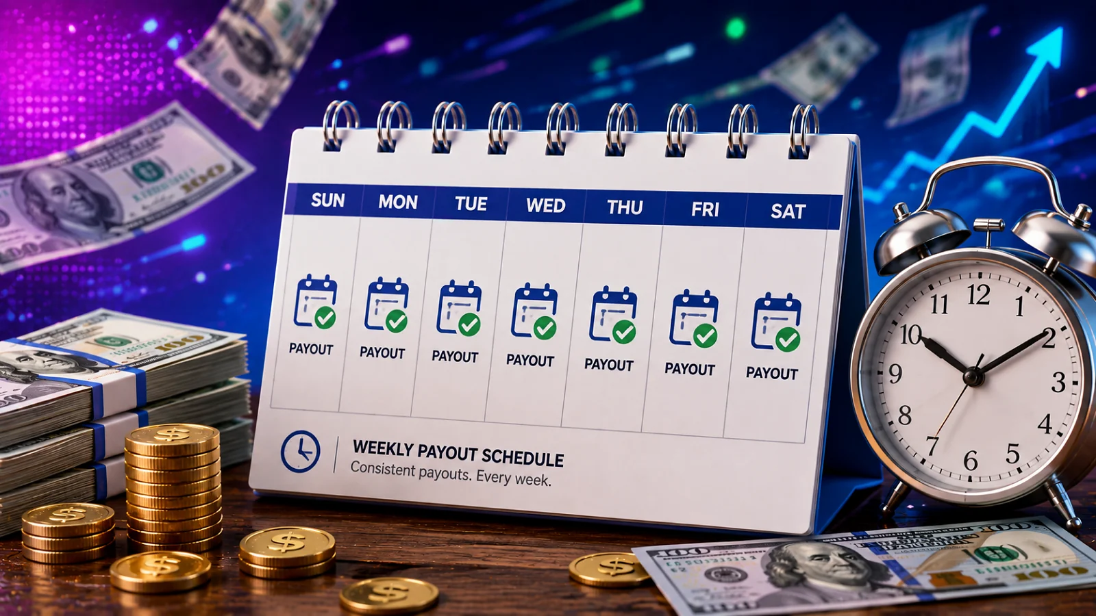 weekly calendar with a clock icon marking a payout schedule