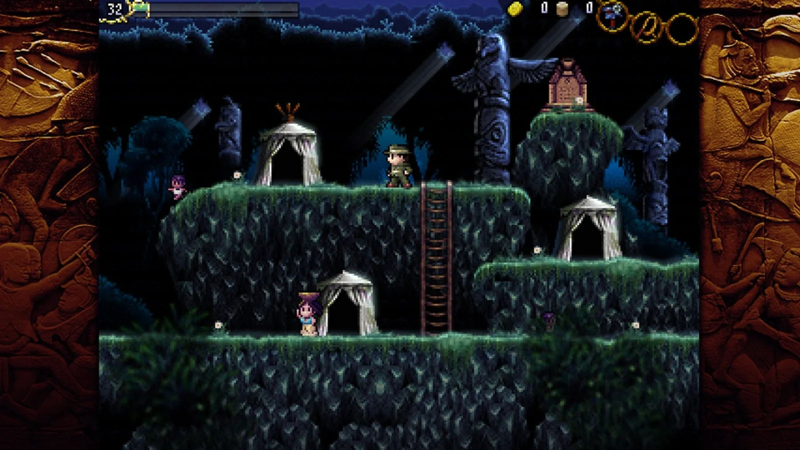 Character exploring a dark ancient ruin with platforms and ladders in La-Mulana.