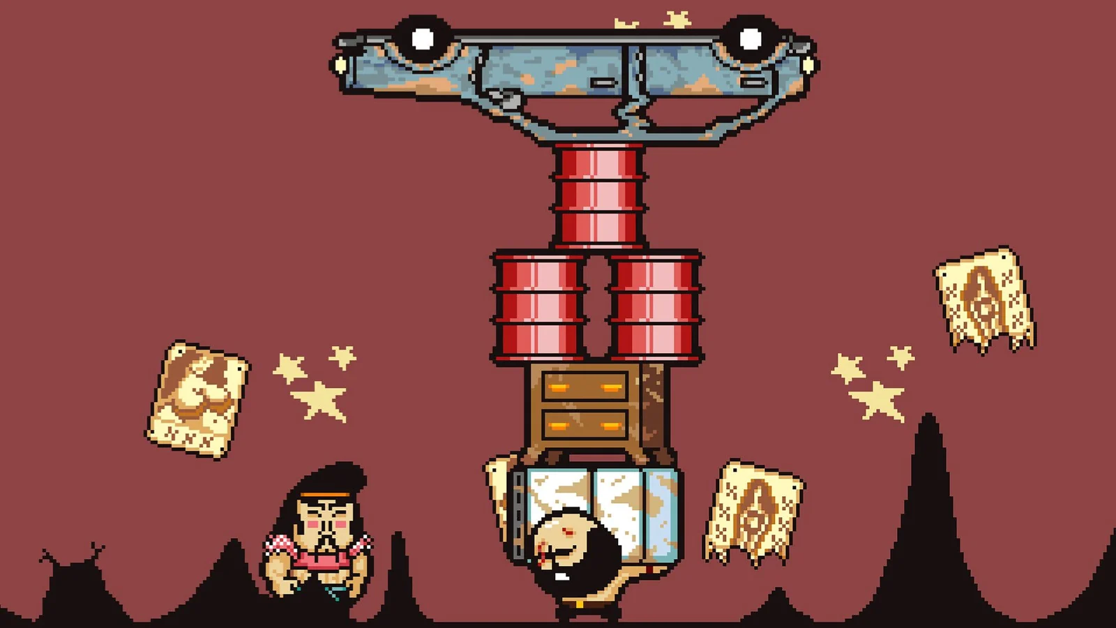 Character facing a bizarre mechanical enemy in LISA: The Painful.