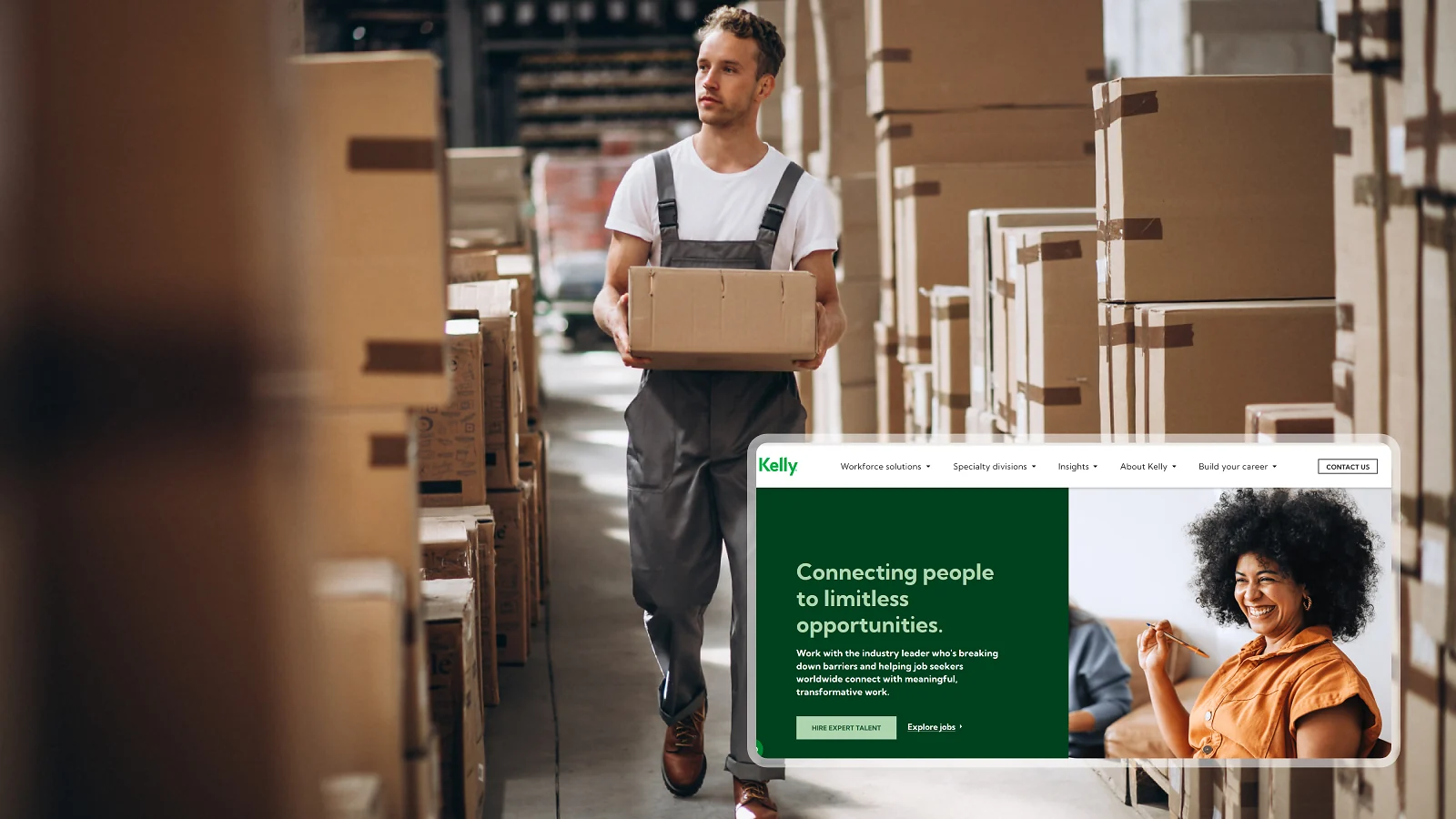 A man carrying a box in a warehouse, Kelly website screenshot