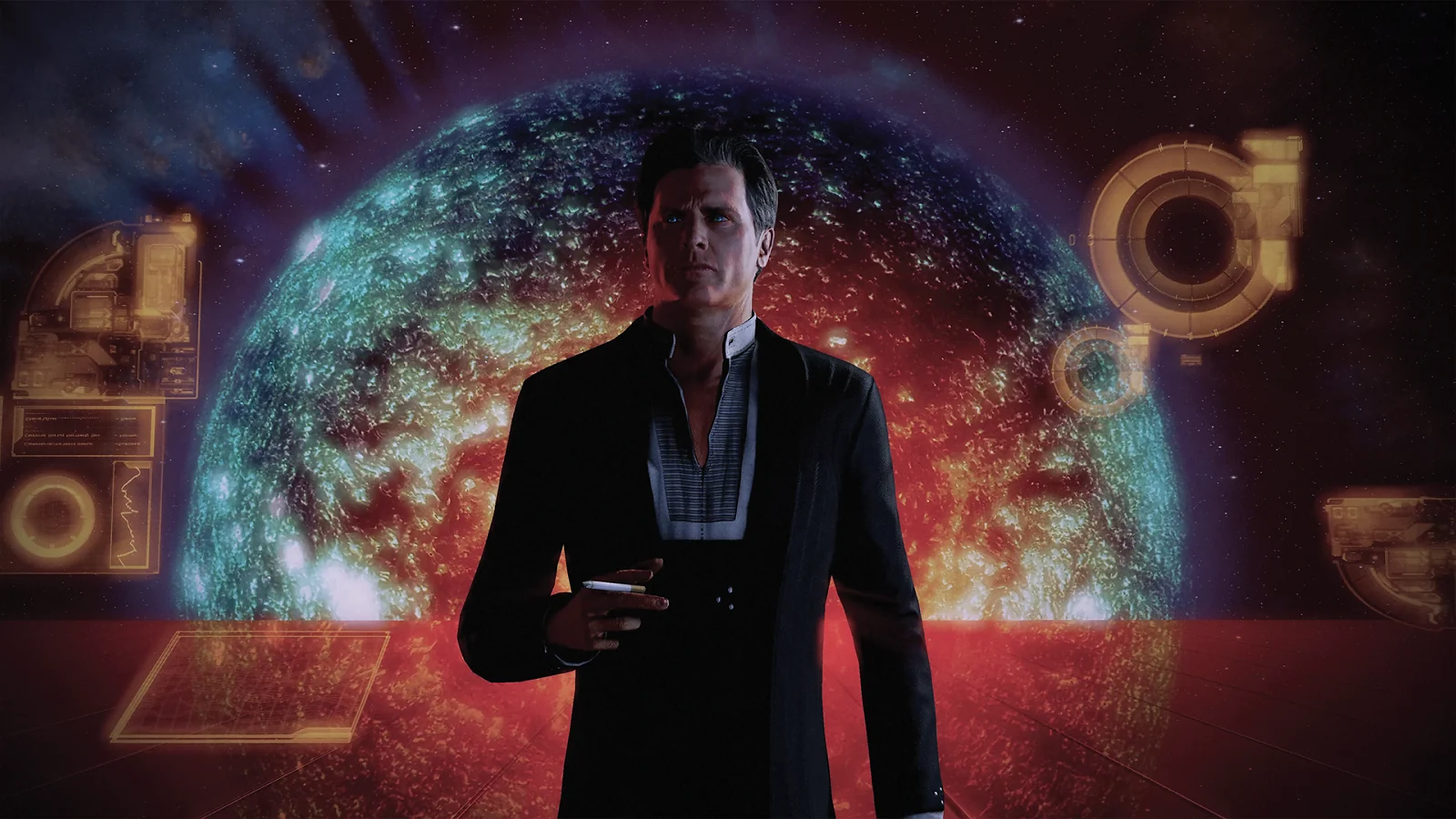 Character standing in front of a colorful space backdrop in Mass Effect Legendary Edition.