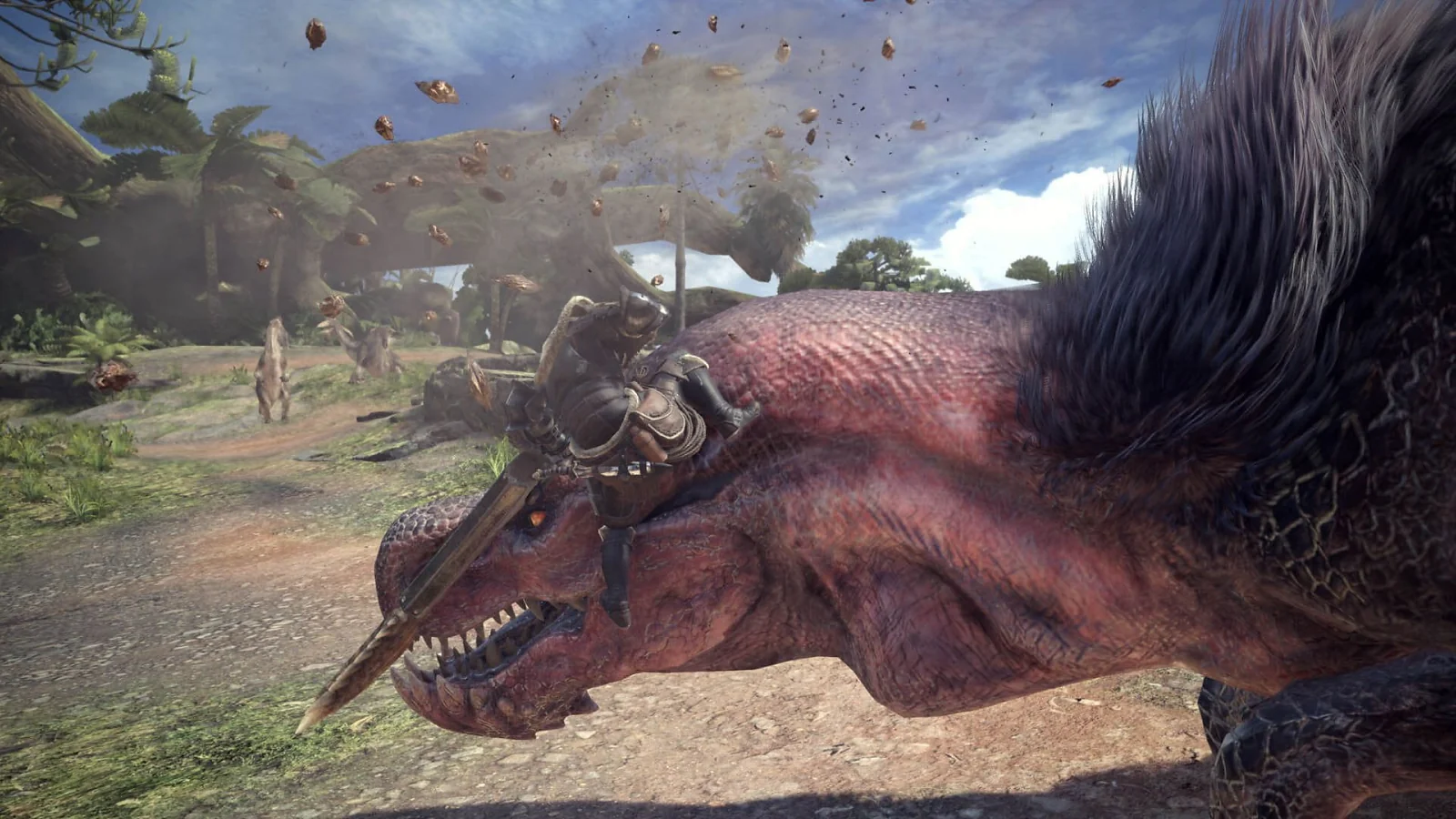 Hunter fighting a large monster in Monster Hunter: World.