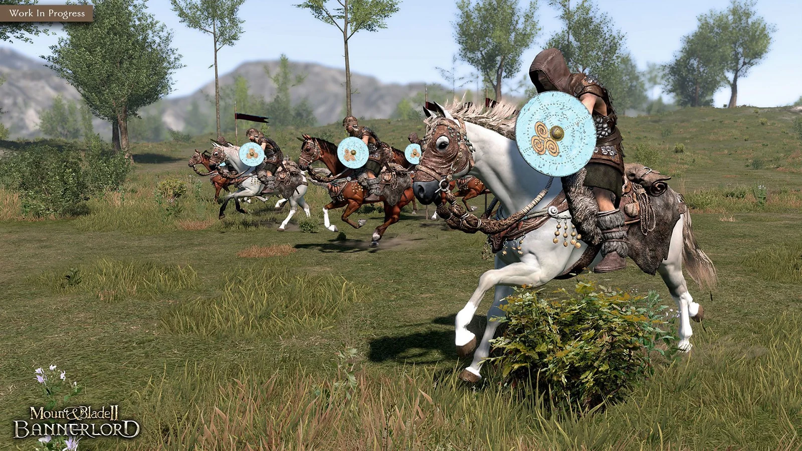 Mounted warriors fighting on a battlefield in Mount & Blade II: Bannerlord.