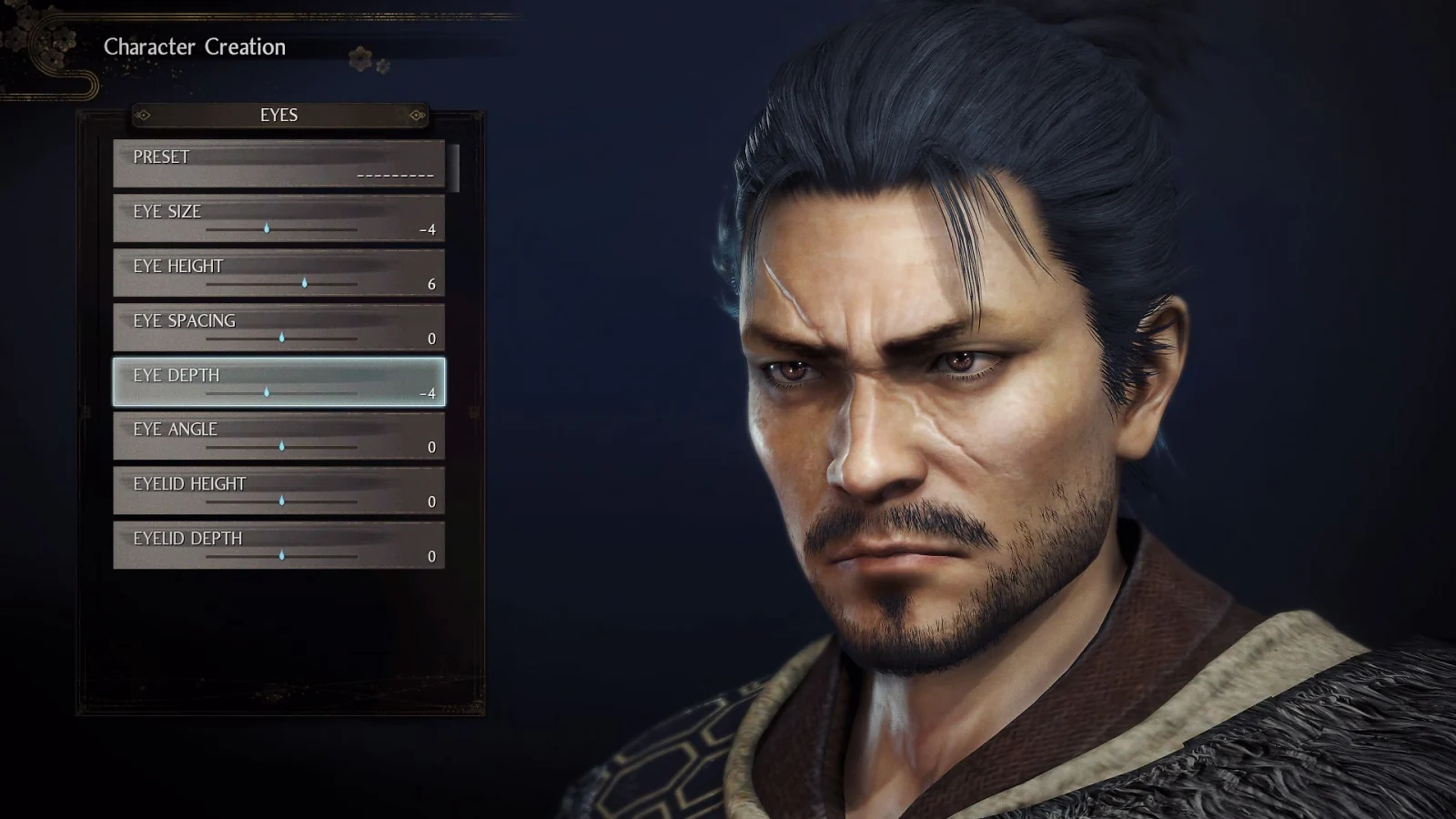 Character creation screen showing a male warrior in Nioh 2.