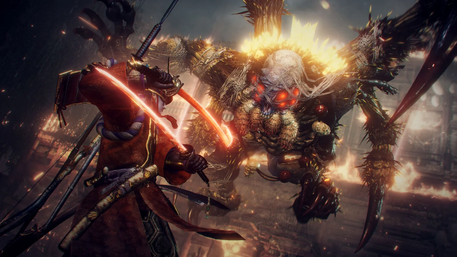 Samurai fighting a large demonic enemy during an intense battle in Nioh 2.