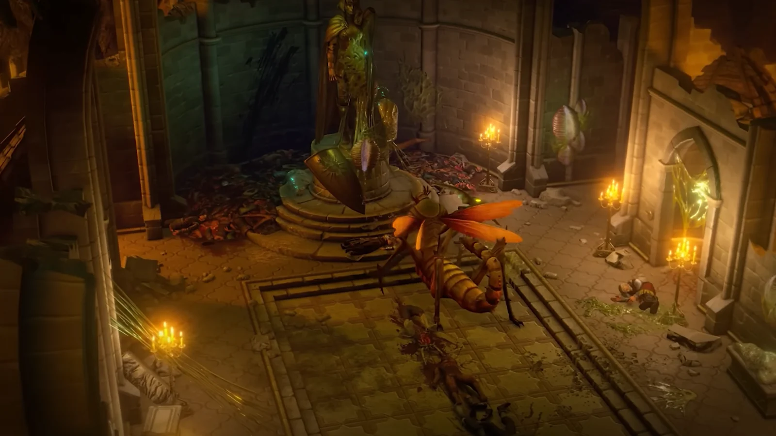 Characters battling inside a dark dungeon in Pathfinder: Wrath of the Righteous.