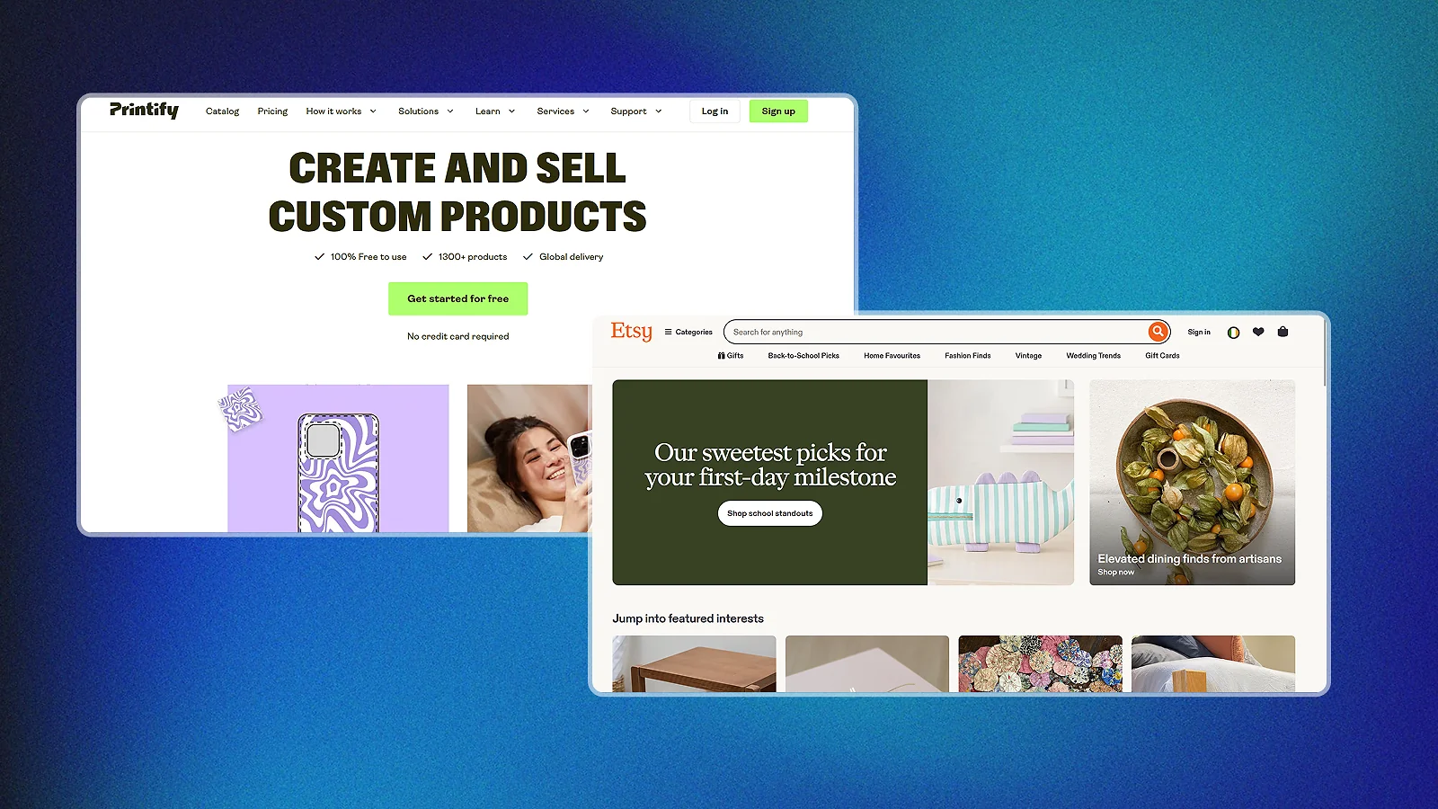 Printify and Etsy website pages