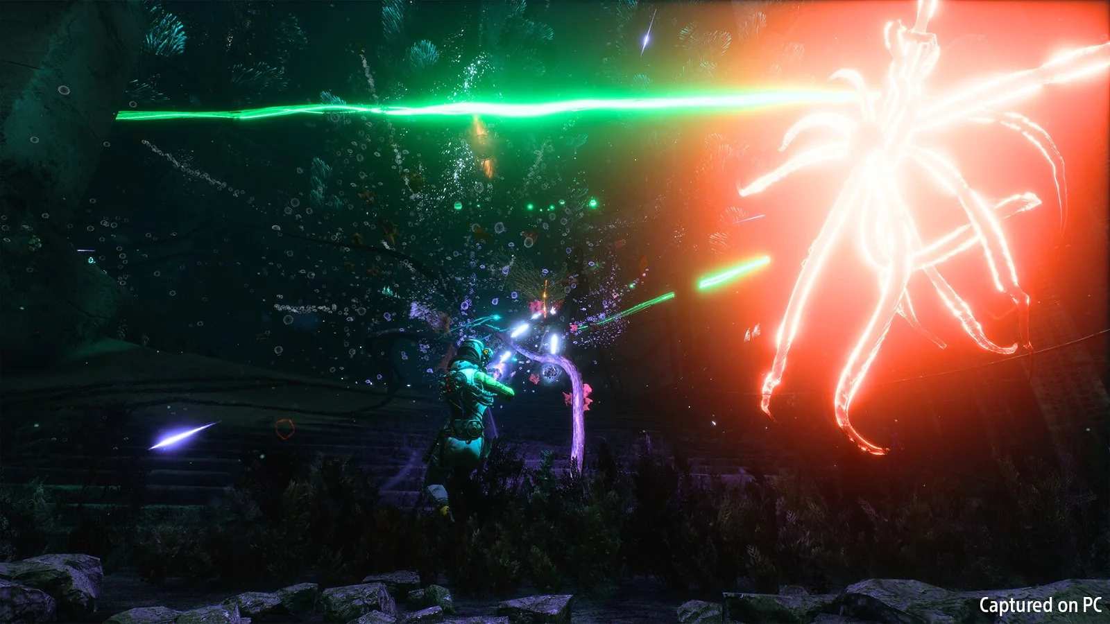 Selene fighting glowing alien enemies with energy weapons in Returnal.