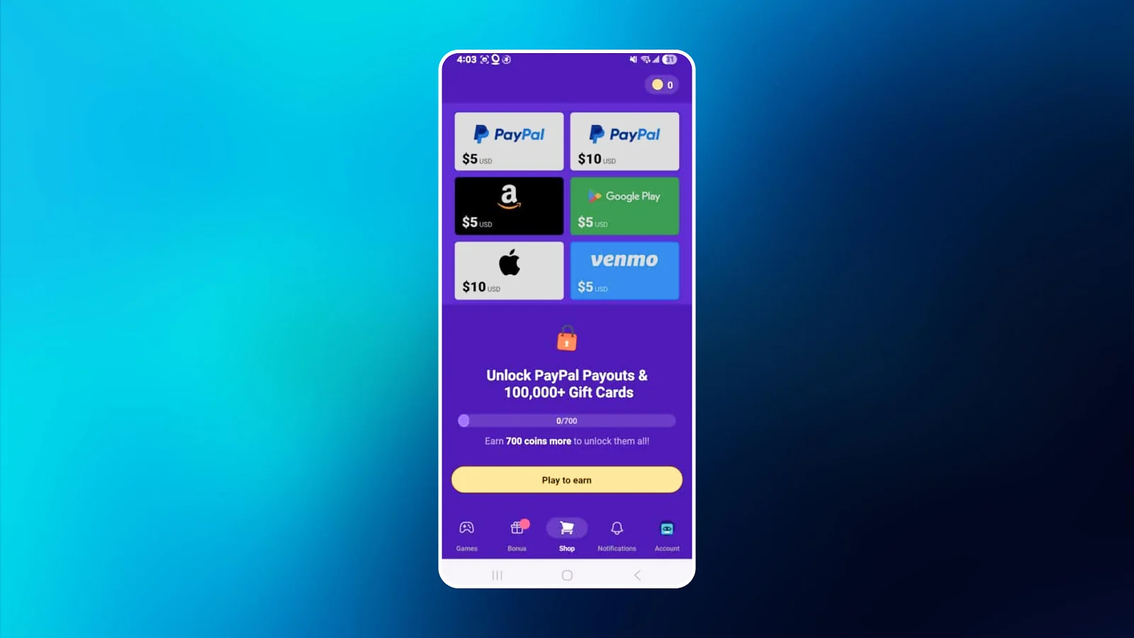 phone screen showing a reward Snakzy app cash-out