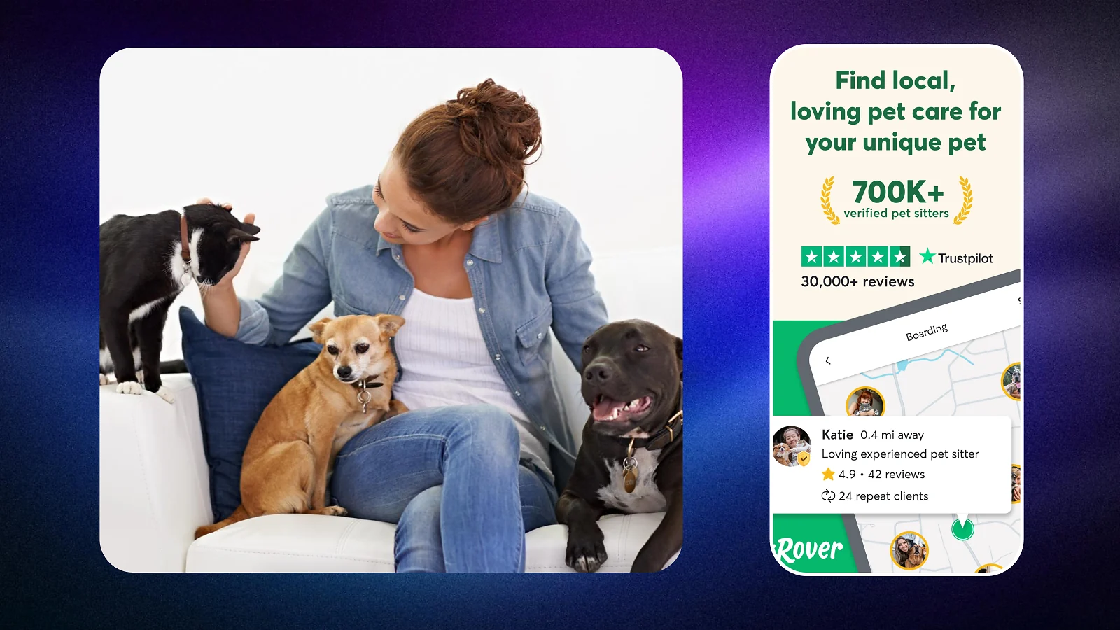 A woman sitting with dogs, rover app