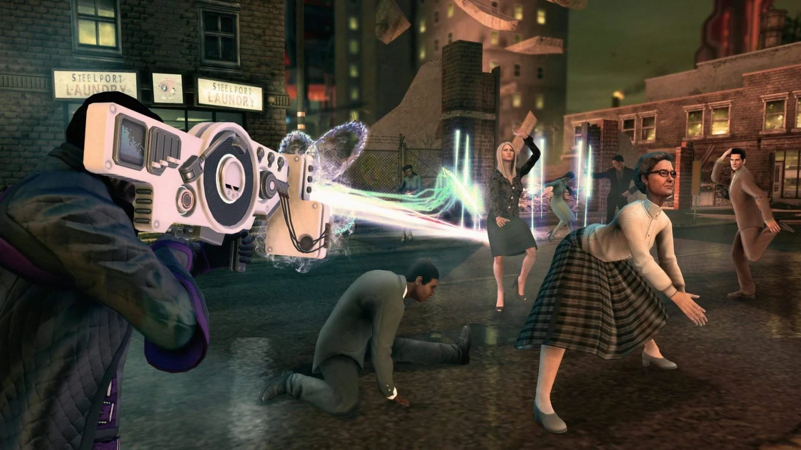 Character firing a futuristic weapon at enemies on a city street in Saints Row IV.