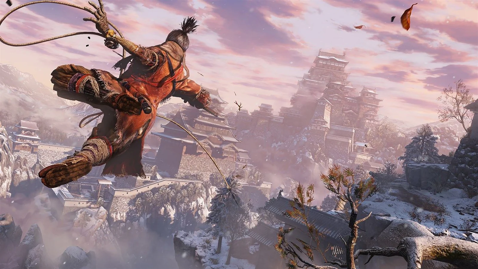Sekiro grappling through the air toward a snowy Japanese castle