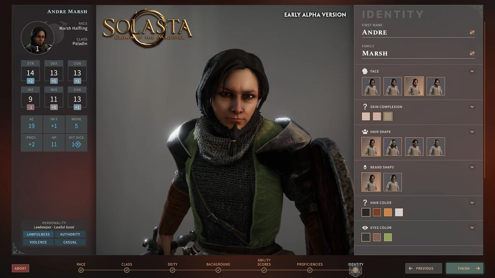 Character creation screen showing a female character in Solasta: Crown of the Magister.