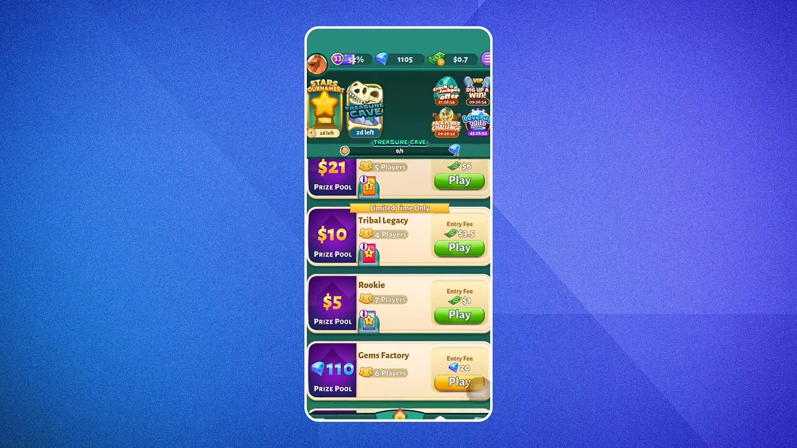 Solitaire Cash app home screen showing tournament options