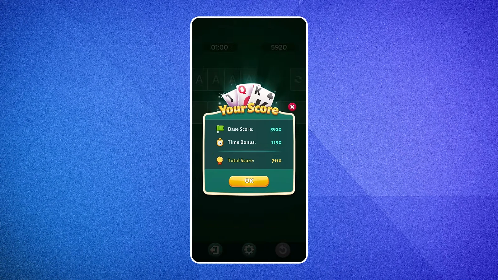 Solitaire Cash end-of-match screen displaying final scores, time bonus, and payout