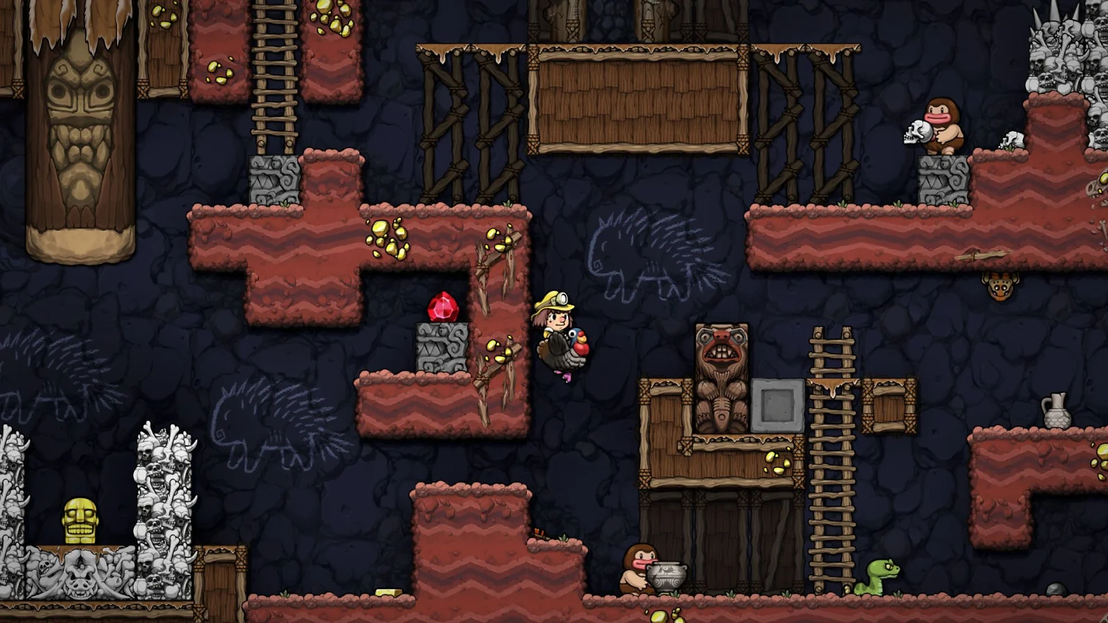 Explorer navigating an underground cave filled with platforms, ladders, and enemies in Spelunky 2.