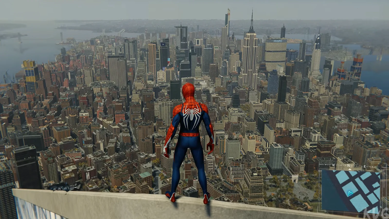 Spider-Man overlooking New York City from a skyscraper