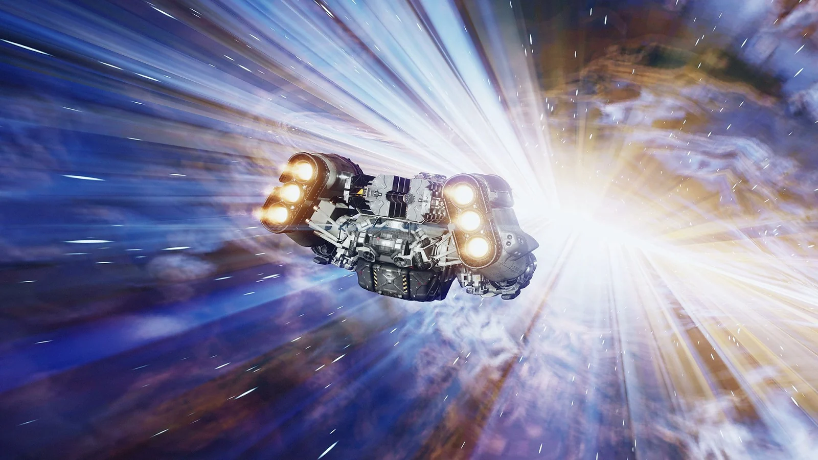 Spaceship traveling at high speed through space in Starfield.