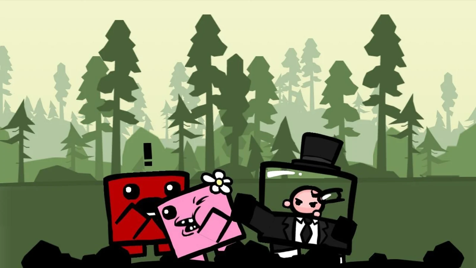 Meat Boy standing with Bandage Girl and other characters in Super Meat Boy.