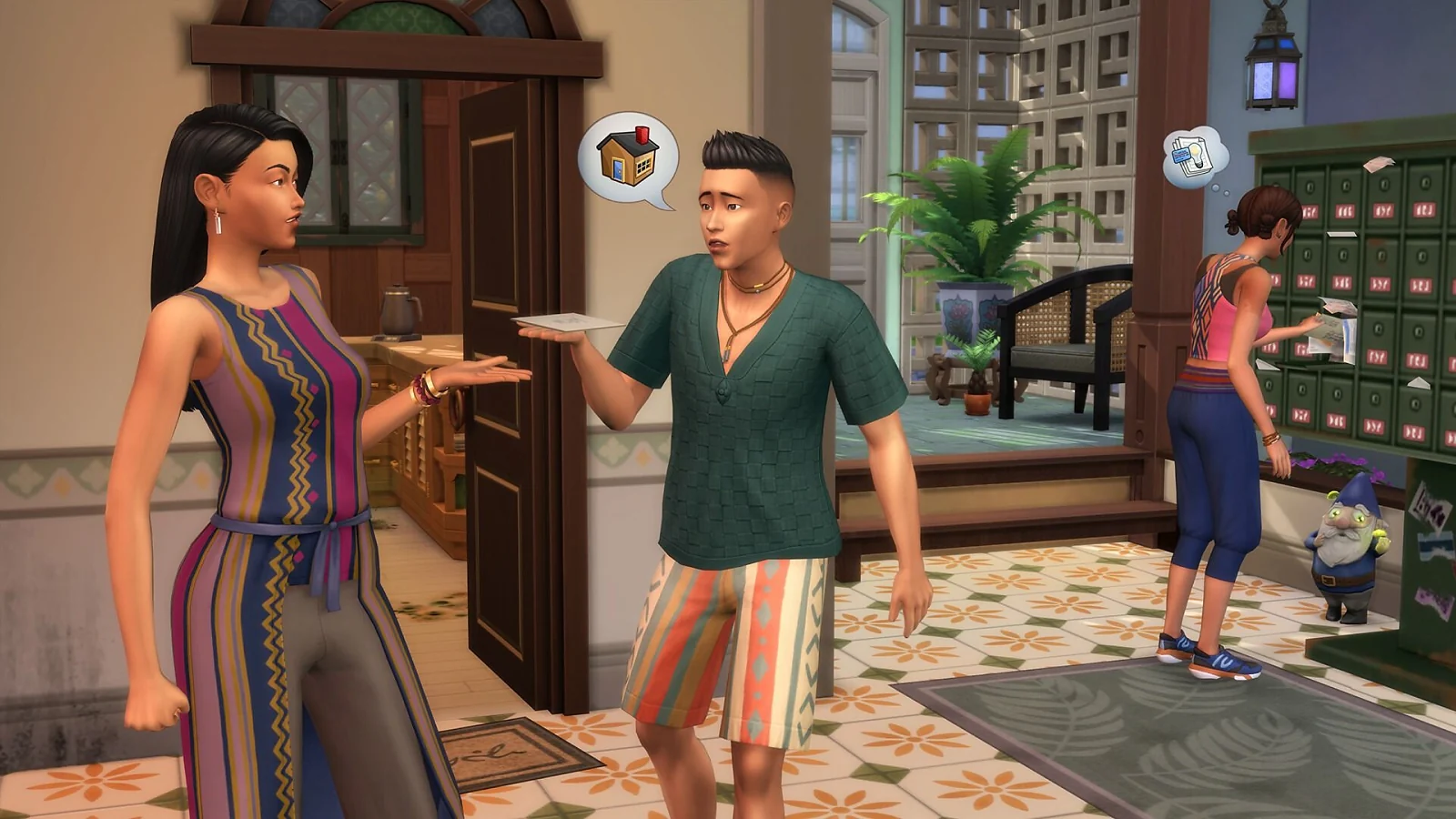 Sims talking together inside a home in The Sims 4.
