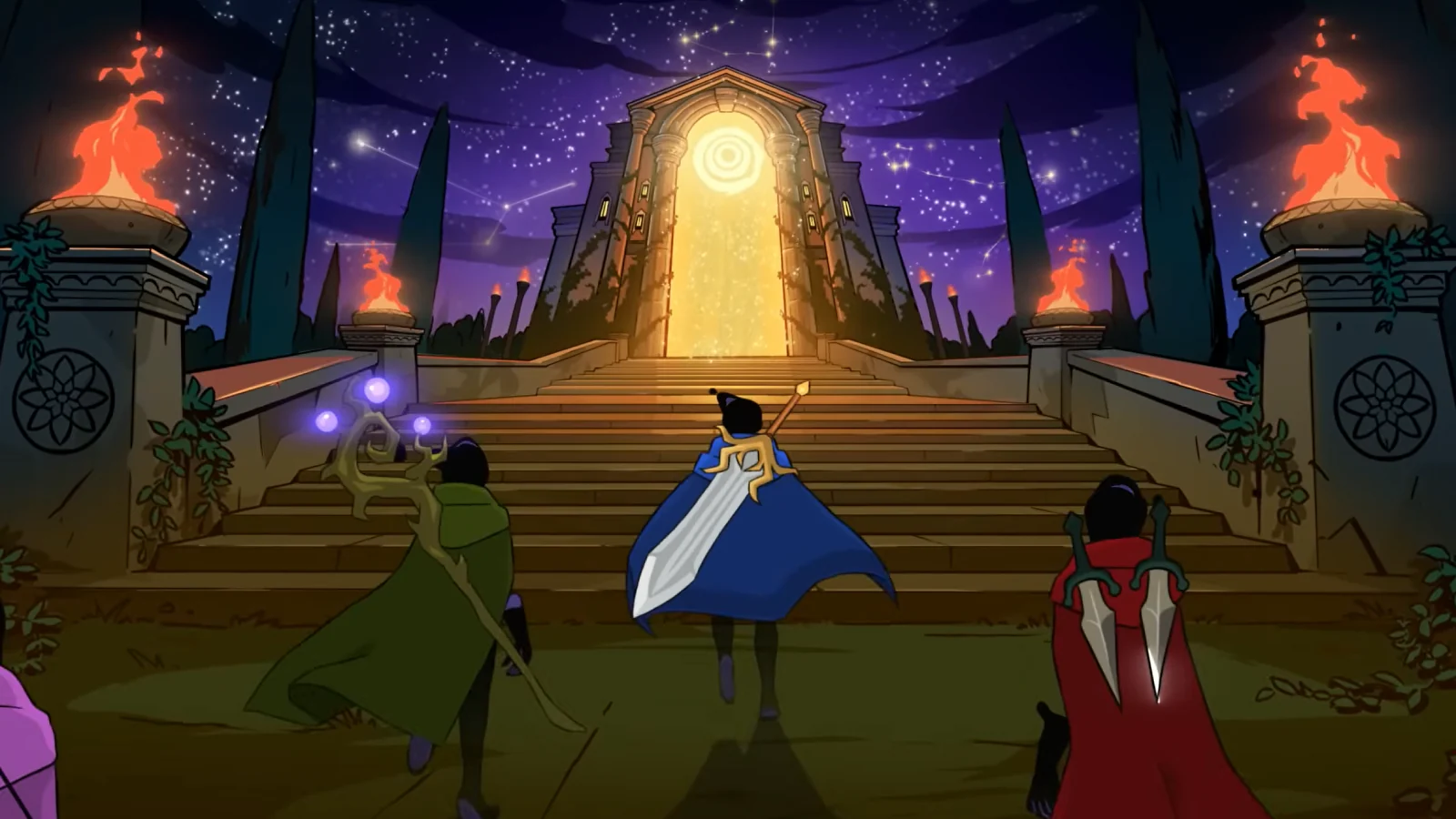 Three characters are next to the stairs
