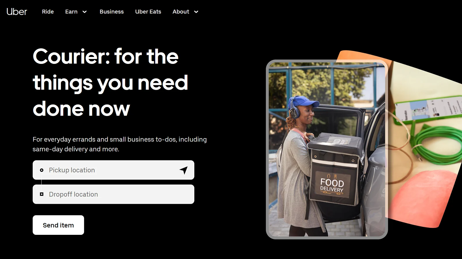 Uber website and a woman delivering food