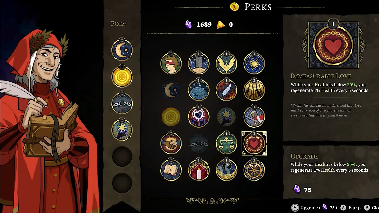Perks and character upgrade menu in 33 Immortals