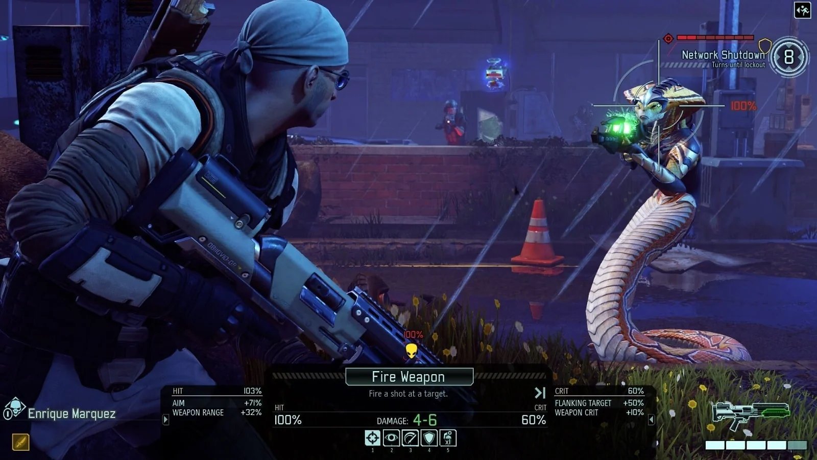 Soldier aiming a rifle at an alien enemy during tactical combat in XCOM 2