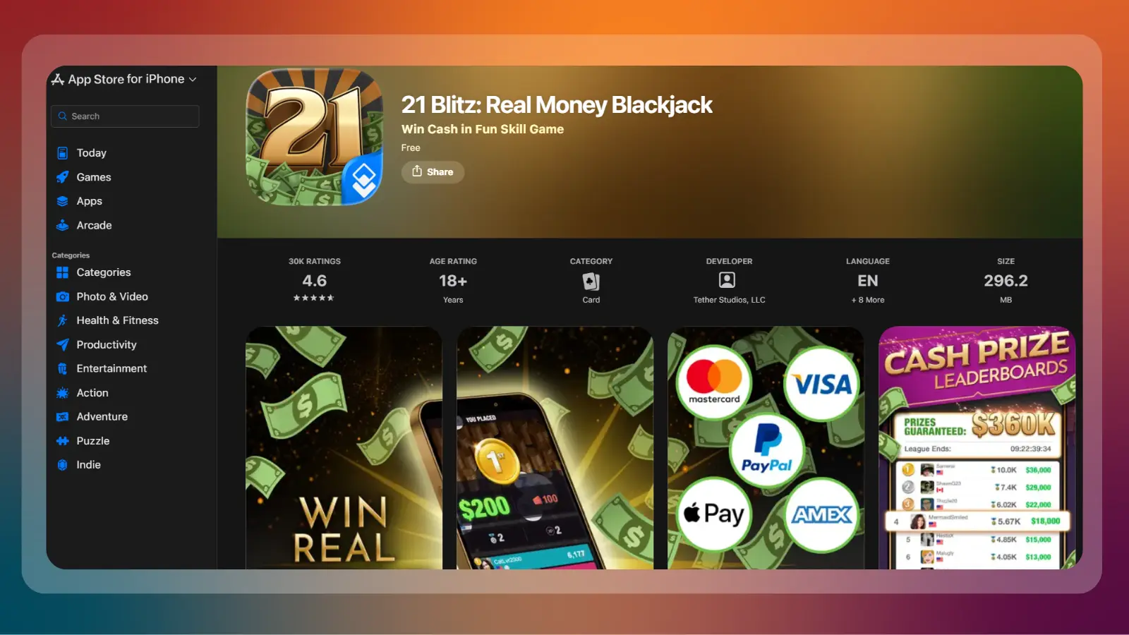 21 blitz website showing a real money blackjack game on the app store