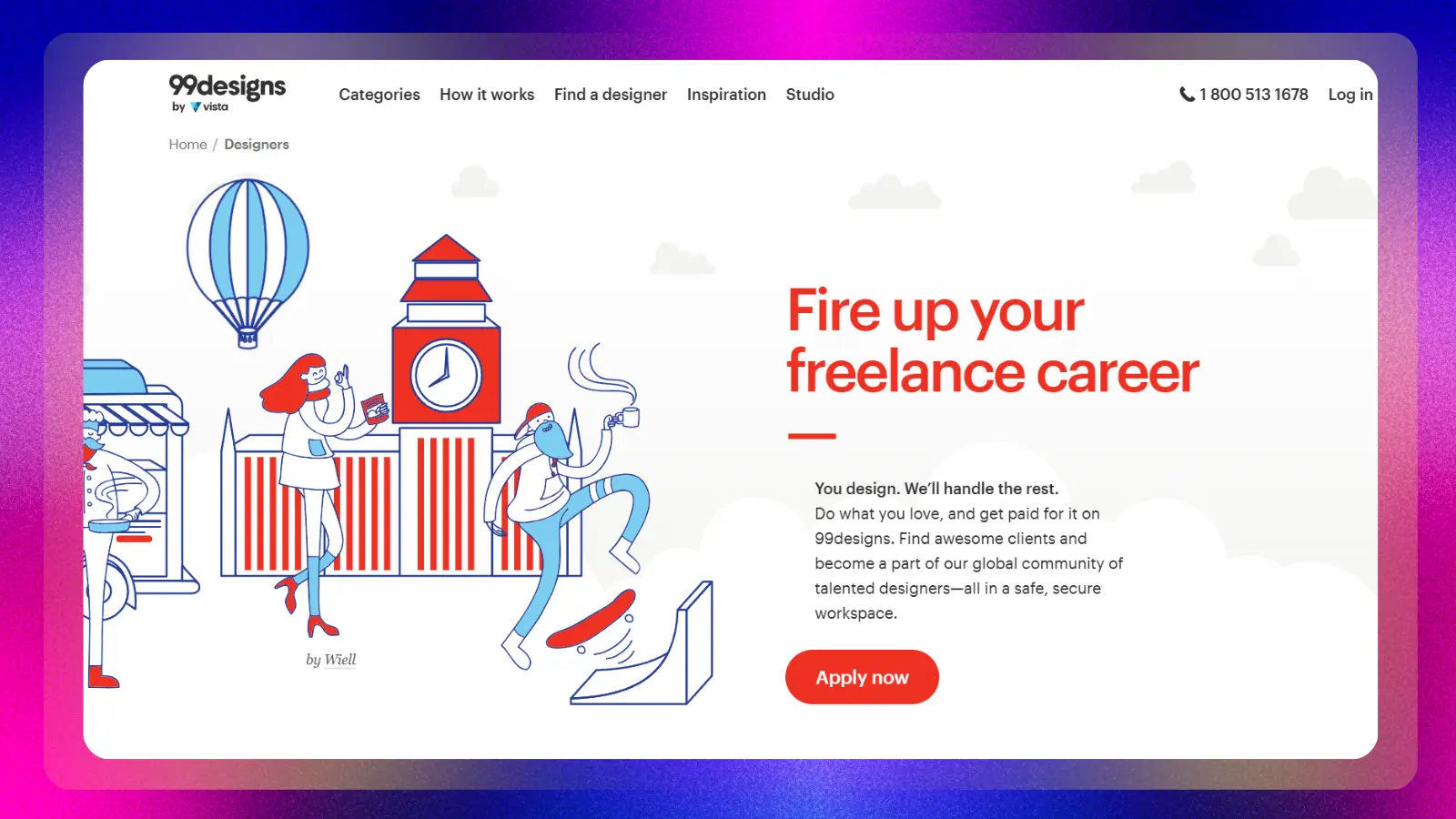 99designs website showing freelance design opportunities and ways to find clients