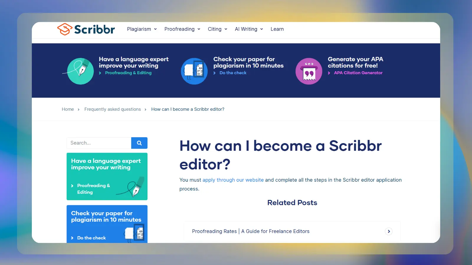 scribbr website showing how to become an editor and proofreading opportunities
